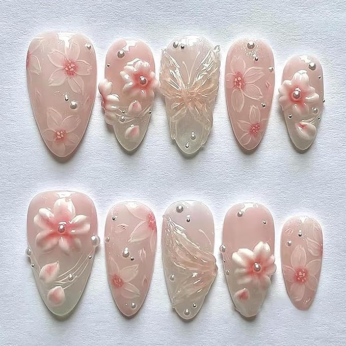 24Pcs Pink Press on Nails Medium Almond Fall Fake Nails with Pearl Glue on Nails 3D Flowers Butterfly Acrylic Nail Tips Gradient French False Nail Full Cover Pink Flower Stick on Nails for Women