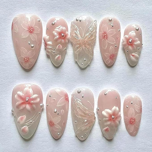 24Pcs Pink Press on Nails Medium Almond Fall Fake Nails with Pearl Glue on Nails 3D Flowers Butterfly Acrylic Nail Tips Gradient French False Nail Full Cover Pink Flower Stick on Nails for Women