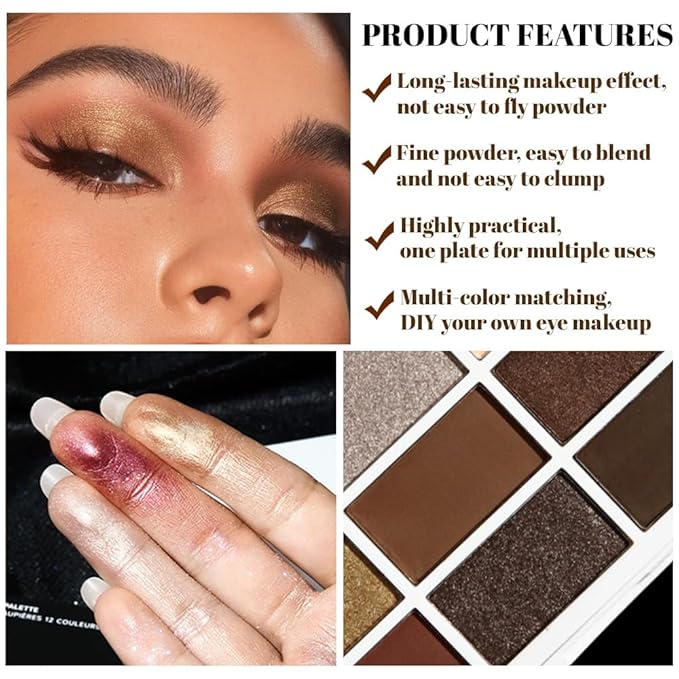 12 Colors Matte Shimmer Pressed Eye Shadow Palette - Beige Apricot Nude Brown Cocoa Black, Shimmer Plum Purple Bronze Gold Champagne, Blendable Long-Lasting,for Women Professional Makeup Looks