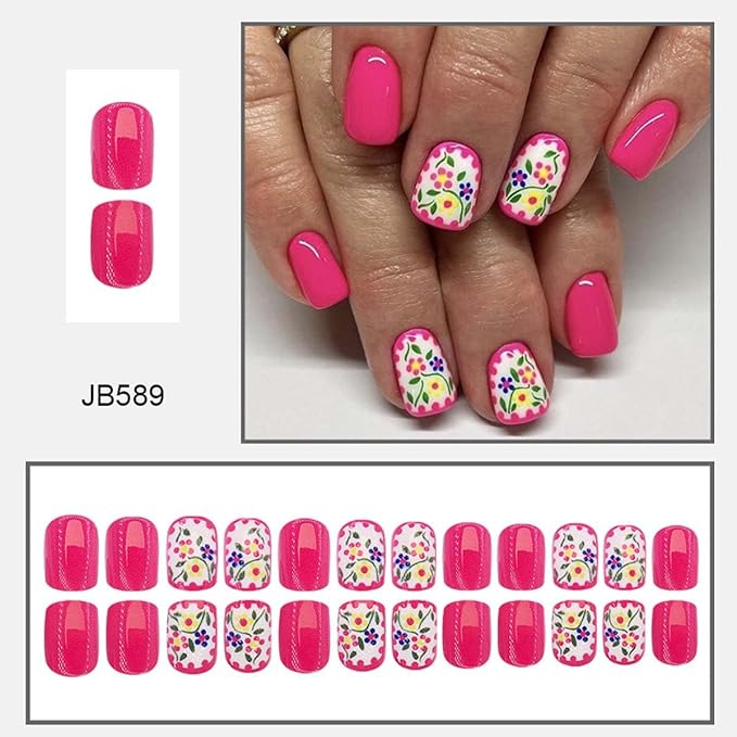 24Pcs Square Fake Nails Short Press on Nails Pink False Nails with Flower Design Full Cover Acrylic Nails Artificial Nails Glossy Floral Glue on Nails Stick on Nails for Women Manicure Art