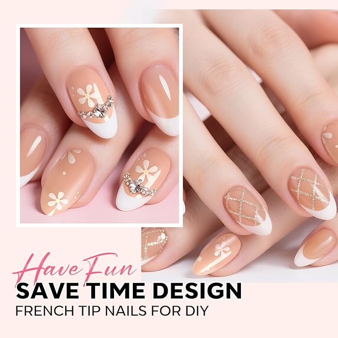 modelones Press on Nails, 150 Pcs French Tip Press on Nails, NailBoxie Brown Almond Shape Nail Tips, Natural Salon Finish Fake Nails, Ideal for Wedding, Party, Daily DIY Nail, 15 Sizes