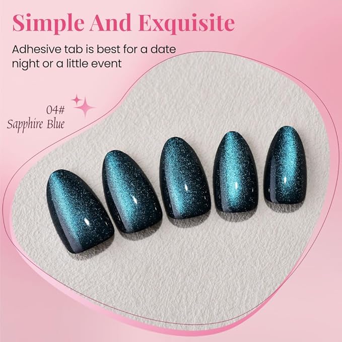 evpct Dark Blue Press on Nails Almond Short, Sapphire Blue Cat Eye Glitter Holographic Press on Nails, Soft Gel Press Glue On Nail with Nail Glue, Full Cover, 30Pcs Reusable Acrylic Fake Nails Kit