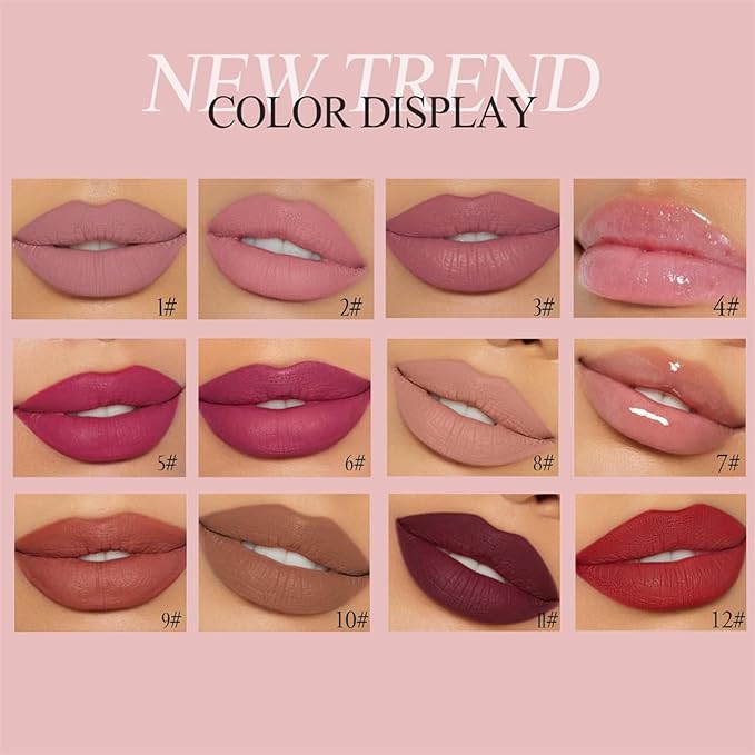 12Pcs Nude Matte Liquid Lipstick Set, Waterproof Long Lasting Non-Stick Cup 12 Colors Nude Lipstick 24 Hour Not Fade Matte Lipstick Professional Lip Gloss Makeup Christmas Day Gift Sets for Women