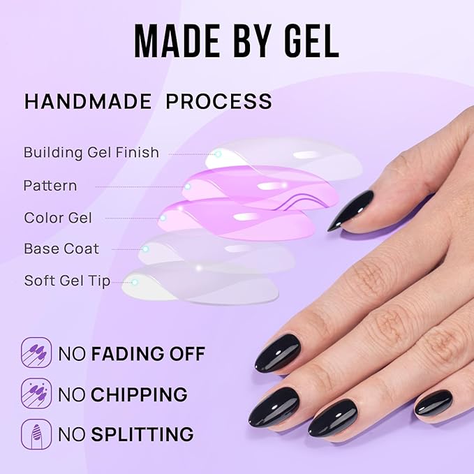 Black Press On Nails Almond - BTArtbox Short Press On Nails with Nail Glue, Fit Perfectly & Natural Reusable Stick On Nails in 16 Sizes - Soft Gel Glue On Nails Kit, Black Velvet