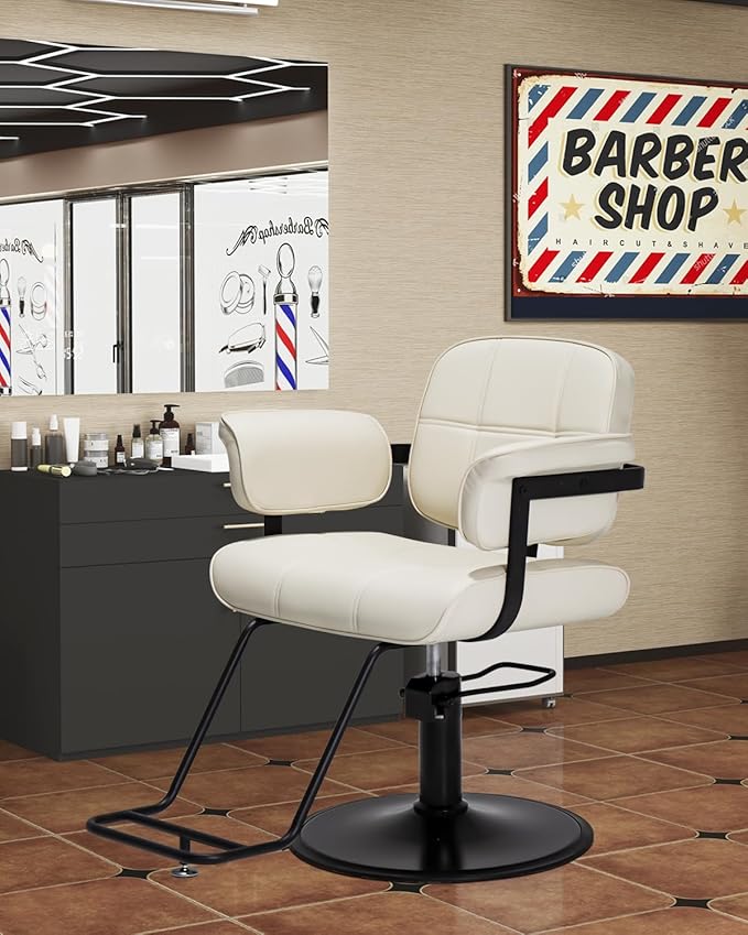 Barber Salon Chair, Extra Wide Hair Styling Chair with Heavy Duty Hydraulic Pump, 360° Swivel Height Adjustable Braiding Design, Luxury Beauty Salon and Barbershop Equipment, Ivory