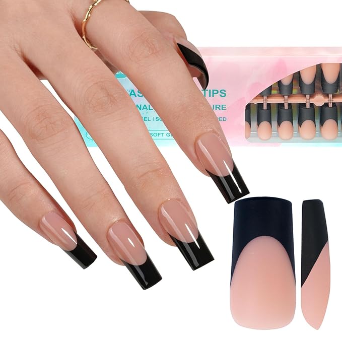 Misssix Black French Gel Nail Tips, 240Pcs French Tip Press on Nails Long Square, No Need to File 3 in 1 Tips Pre-lasting, Fake Nails for Nail Art DIY 15 Sizes