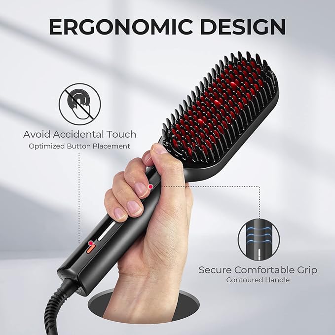 TYMO Hair Straightener Brush - Upgraded Ionic Plus Straightening Brush with Dense Bristles, 16 Temps, Dual Voltage | Ceramic Hot Comb for Women | Flat Iron for Thick Curly Hair, Black