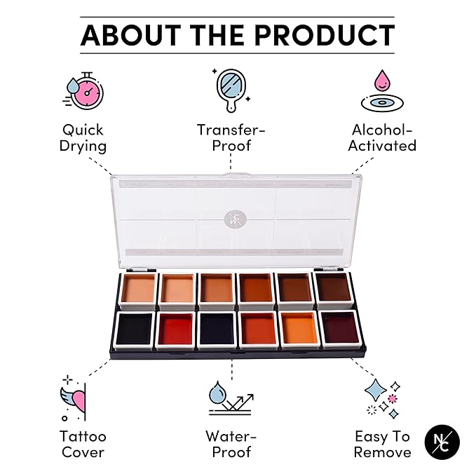 12 Color Dark Flesh Tone Alcohol Activated Makeup Palette for Special Effects - Waterproof Dark Flesh Tone Makeup for Professional Makeup Artists