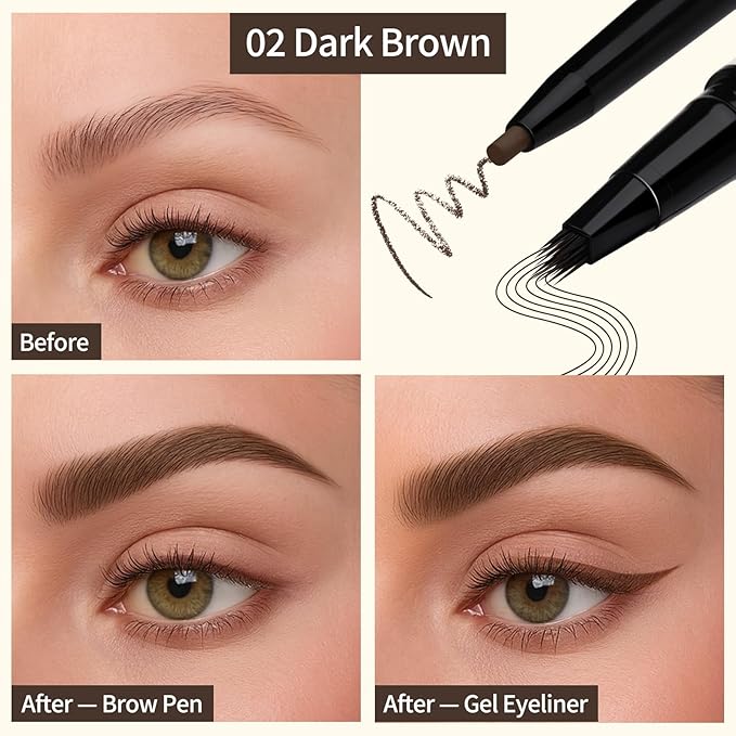 UCANBE 2-in-1 Eyebrow Pen & Gel Eyeliner Pencil – Microblading Eye Brow Pencil with Brow-Fection Angled Brush Tip + 1.5mm Ultra-Fine Eye Liner, Waterproof, Quick-Dry, Long Lasting (Dark Brown)