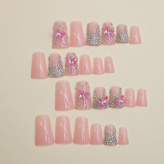 Duck Press on Nails Medium Fake Nails with Butterfly Rhinestones Designs French Tip Nails Press ons Glossy Glue on Nails Pink Acrylic Nails Artificial Stick on Nails for Women 24Pcs