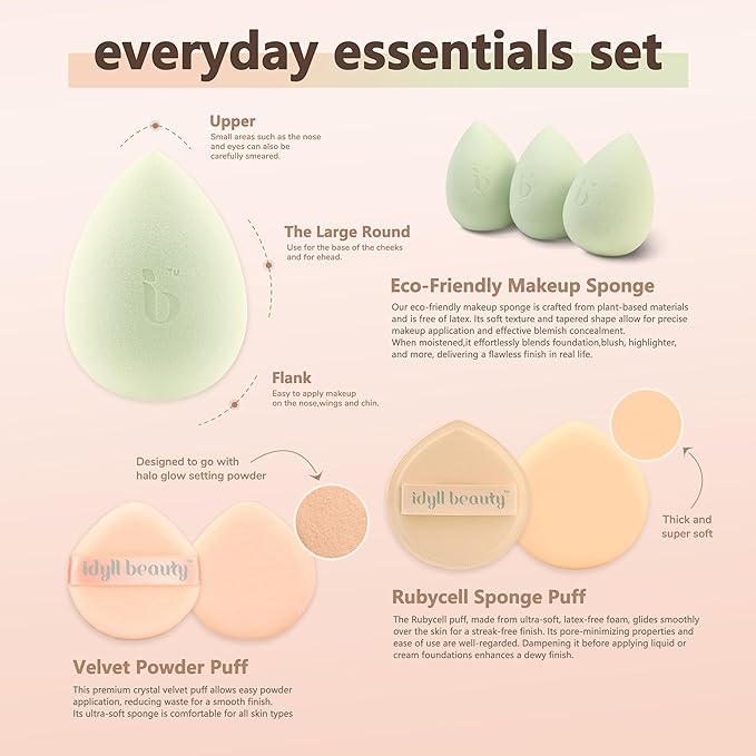 Blending Sponge Puff Set, Latex Free Powder Puff for Liquid Cream Foundation, Vegan & Cruelty Free, Beginner-friendly for Women Beauty Blender Make up Sponges 8 Pieces