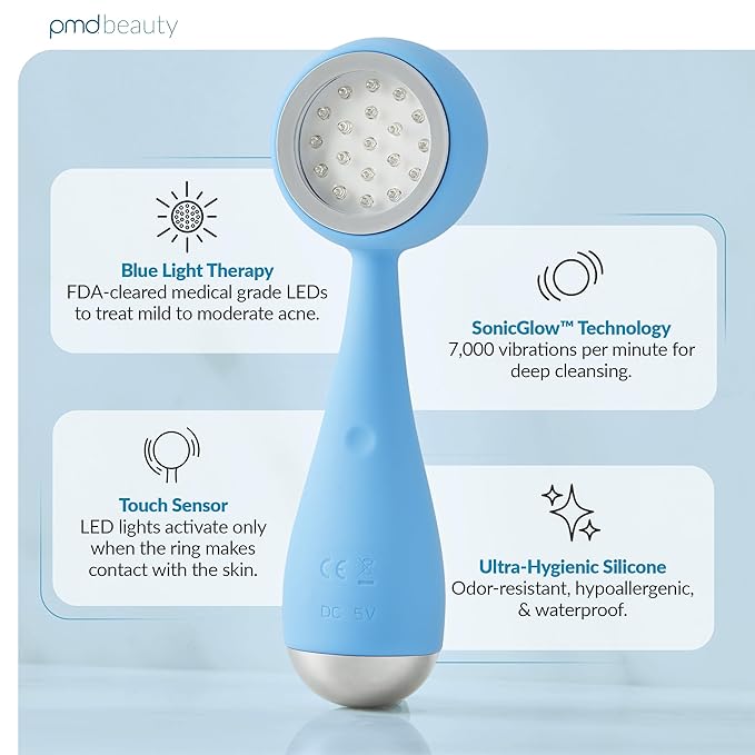 PMD Beauty Facial Cleansing Brush - Smart Silicone Brush with Blue Light Treatment - SonicGlow Vibration - Waterproof Device for Acne
