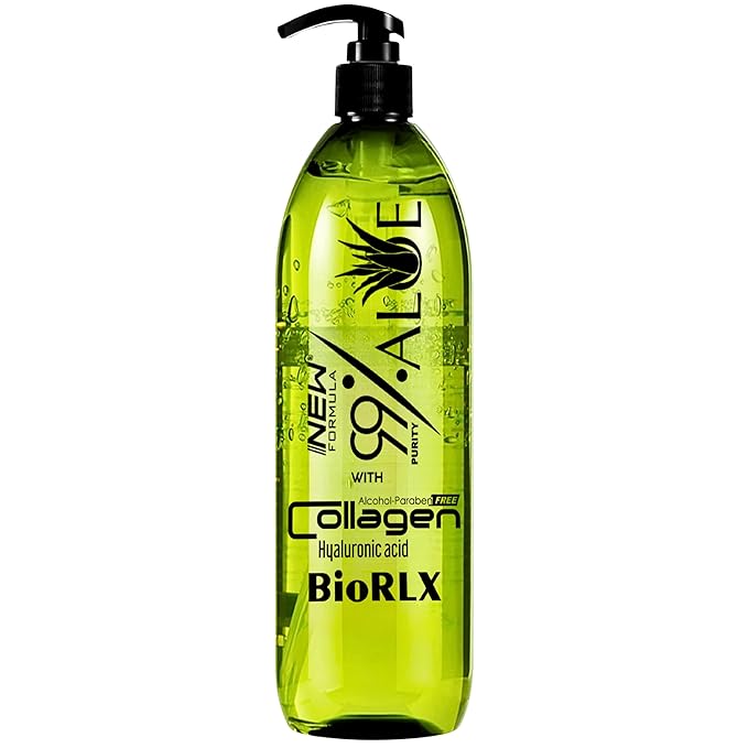 BioRLX 99% Aloe Vera Gel with Collagen and Hyaluronic Acid 250 Ml 8.5 Fl Oz - For Face Body, Hair & Scalp, After Sun Relief, Natural, Soothing, Hydrating