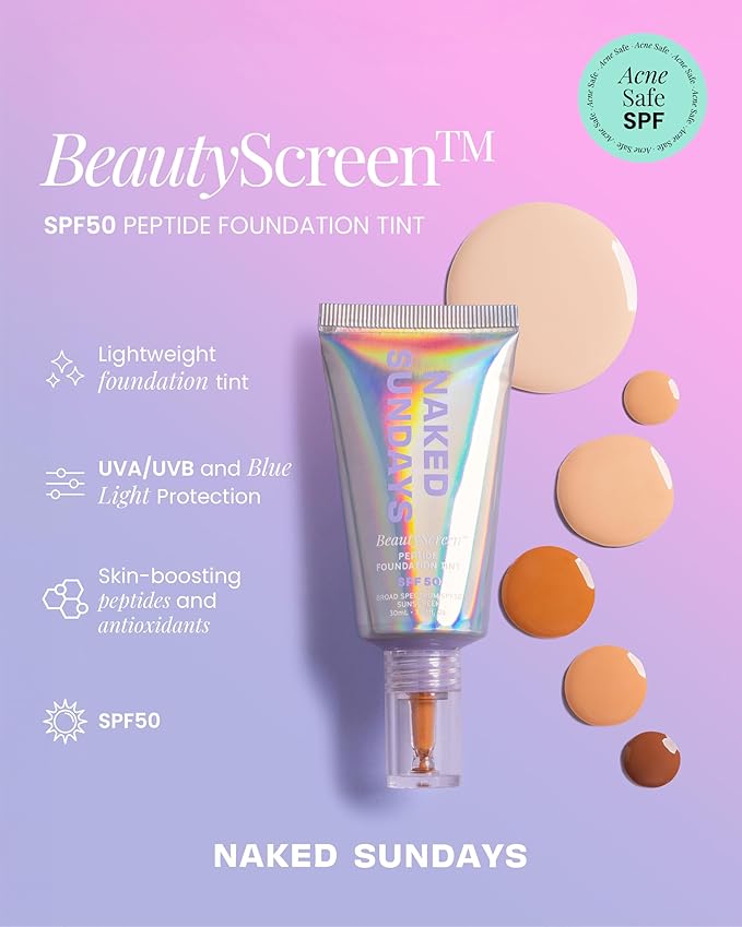 Naked Sundays BeautyScreen™ SPF 50 Mineral Peptide Foundation Tint – 2-in-1 Skin Tint & Mineral Sunscreen | Radiant, Buildable Coverage, Acne-Safe, Infused with Peptides (1.5 Fair Cool, 1.01 Oz)