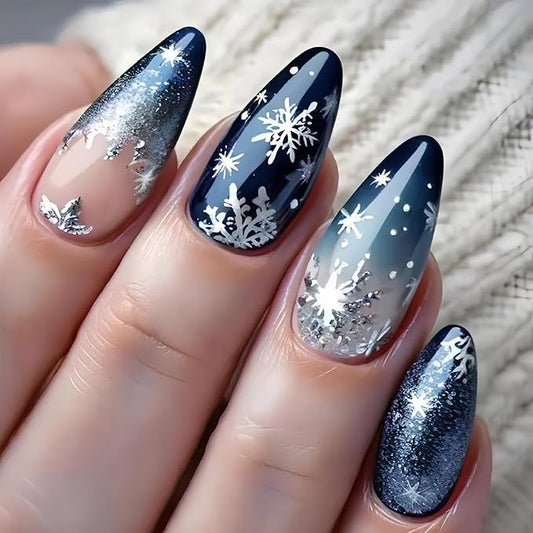 Almond Press on Nails Medium Snowflake Fake Nails Winter Blue False Nails Ombre Glitter Acrylic Nails Reusable Christmas Artificial Nail Full Cover Stick on Nail for Women Girls Manicure 24Pcs