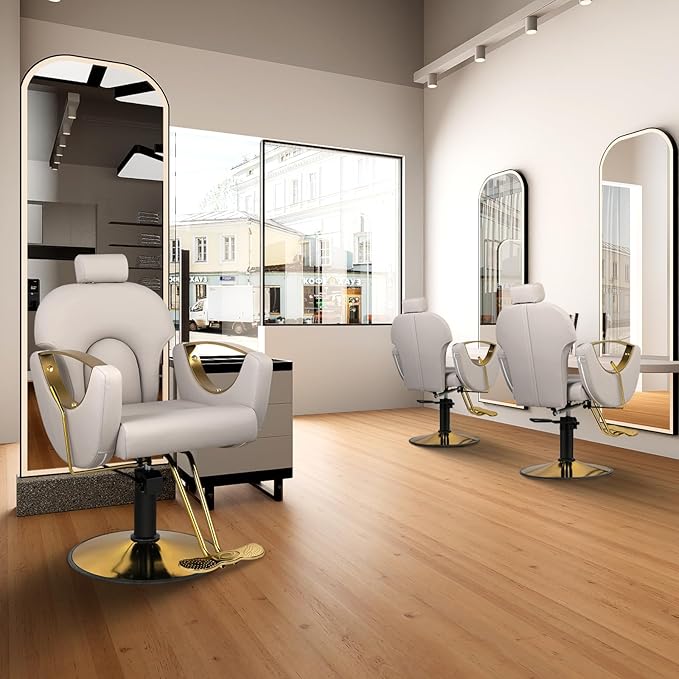 Salon Chair for Hair Stylist, Reclining Hair Barber Chair with Heavy Duty Hydraulic Pump, Up to 440 Lbs, 360 Degrees Swivel Beauty Spa Equipment for Salon Barbershop, Grey Glod