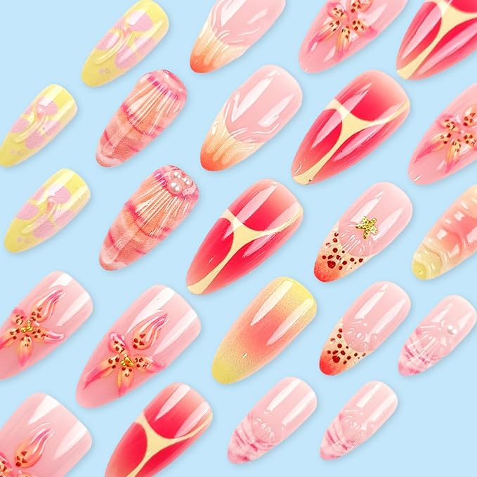 24Pcs Flower Press on Nails Medium Almond Summer Fake Nails with French Tip Nails Design Gold Starfish Pearl Nails Spring False Nails Full Cover Artificial Glue on Nails Cute Stick on Nails for Women