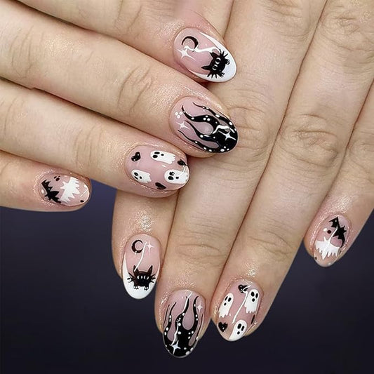 24Pcs Short Almond Press on Nails Halloween Fake Nails with Cute Ghost & Black Cat Bat Designs French Tip Glue on Nails Petite Almond Shaped Acrylic Nails Glossy Nude Full Cover False Nails for Women