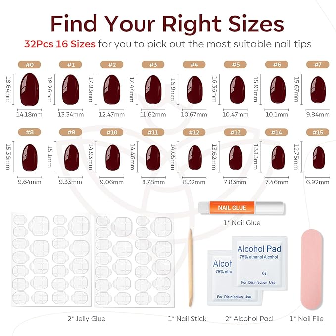 modelones Dark Red Short Press On Nails, Oval Fake Nails with Nail Glue, Adhesive Tabs, Nail File, Prep Pad, Manicure Stick, 32Pcs 16 Sizes, Cherry, Christmas