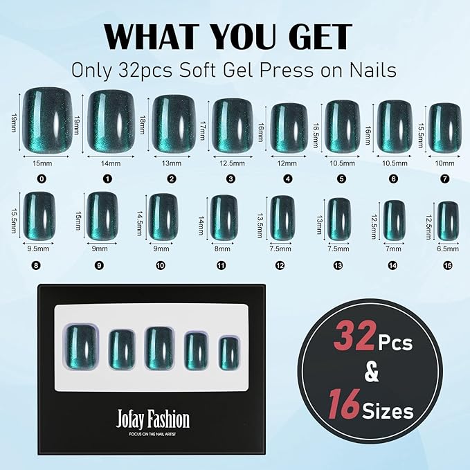 Press on Nails Cat Eye - Press On Nails Short Square for Gifts, Green Cat Eye Glue On Nails for Women Gifts, Stick On Nails in 16 Sizes - 32 PCS Soft Gel Fake Nails Kit, Chameleon