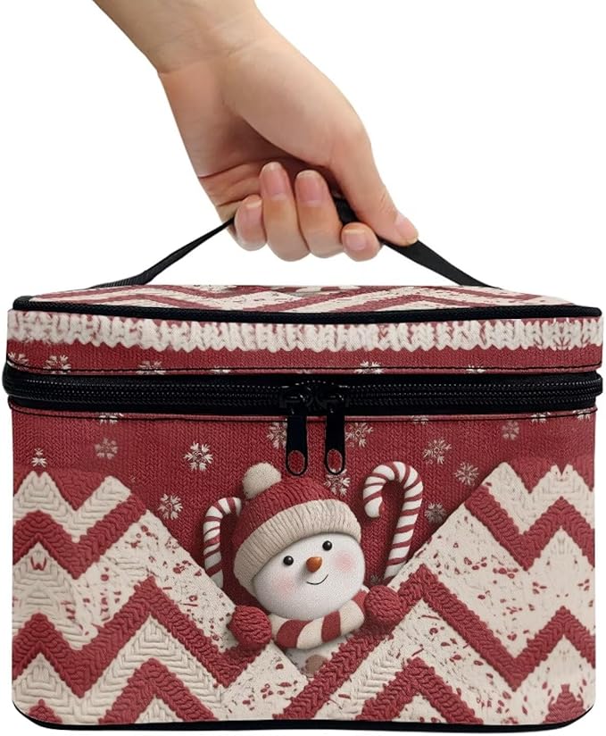 Snowman Chevron Print Travel Makeup Bags for Women Portable Tote Cosmetic Case with Carry Handle Toiletry Accessories Storage Organizer Bags for Christmas, Red