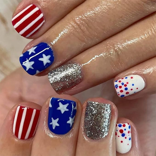 24Pcs 4th of July Press on Nails Short Square Fake Nails Red Blue Line False Nails with White Star Design Silver Glitter Stick on Nails Full Cover Artificial Glue on Nails Cute Nail Supplies for Women