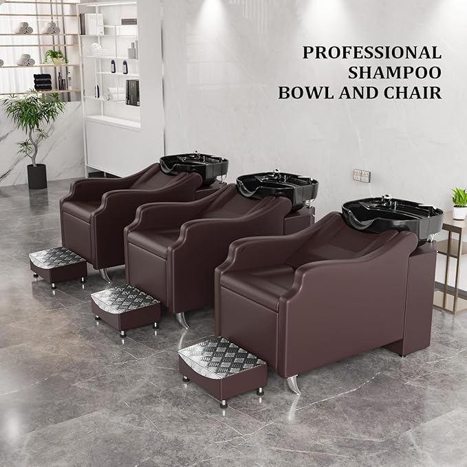 OmySalon Shampoo Backwash Unit with Black Porcelain Bowl, Salon Sink Hair Wash Chair Shampoo Station, Barbershop Beauty Spa Massage Hairdressing Equipment
