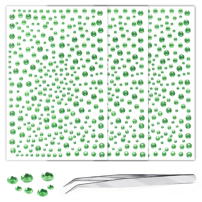 975Pcs Face Gems Hair Gems, Self-Adhesive Face Jewels Eye Jewels Rhinestones 3/4/5/6 mm DIY Face Gems Stick on, Hair Body Rhinestones Gems Crystals Pearls for Face Makeup, Crafts (gem_LightGreen)