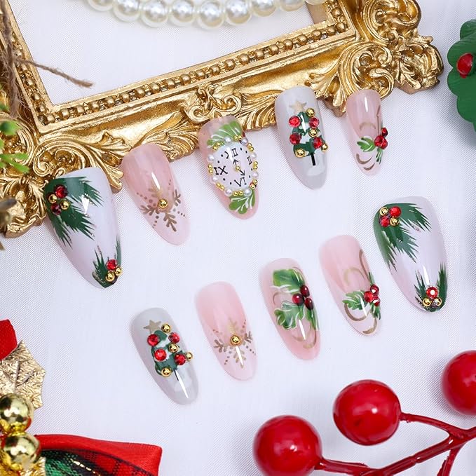 30Pcs Christmas Press on Nails Medium Almond Fake Nails Xmas Tree Holly False Nail Clock with 3D Rhinestones Design Gold Snowflakes White French Tip Glue on Nails for Women DIY New Year Holiday Nail