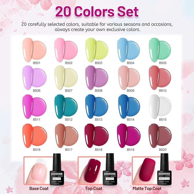 JODSONE 20 Color Vibrant and High Shine Gel Nail Polish Kit with 3 PCS Base Coat and Matte and Glossy Top Coat