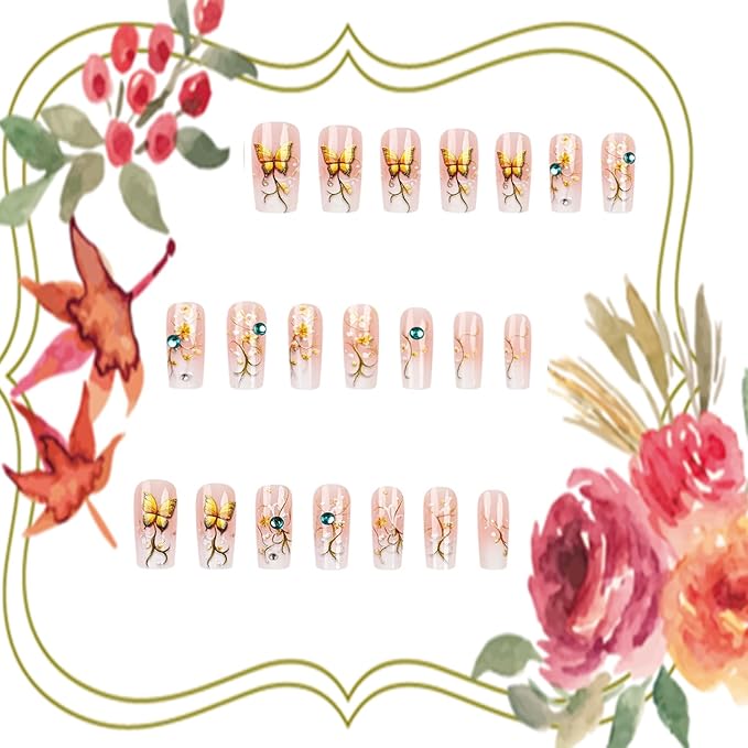 Flower Press on Nails Medium Ballet Shaped Glitter Rhinestones Buttefly Pattern Design Gradient Artificial False Nails Full Cover Reusable Glue on Nail for Women Blossom Manicure 24Pcs