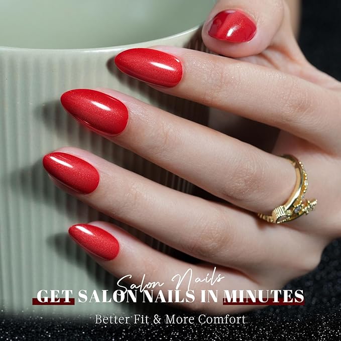 Red Press on Nails Almond, Jofay Fashion Soft Gel Fake Nails, Press on Nails, Reusable & Natural Acrylic False Nails, Stick on Nails for Women Girls Gift, Glue on Nails Kit 32 Pcs