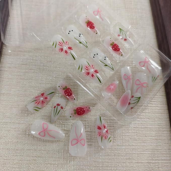 24Pcs Almond Press on Nails Medium 3D Flower Fake Nails Cute Rabbit False Nails Tulip Strawberry Bow Glue on Nail Full Cover Spring Summer Acrylic Artificial Nails for Women Manicure Decoration