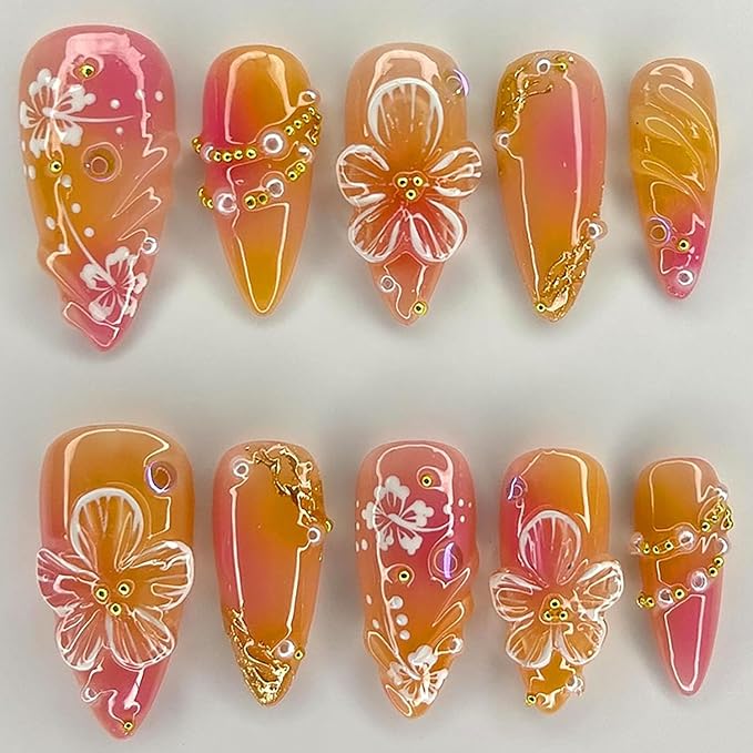 Flower Press on Nails Long Almond Fake Nails Orange Pink Gradient False Nails White 3D Floral with Gold Rhinestone Design Pearl Full Cover Glue on Nail for Women Decoration Manicure Kit