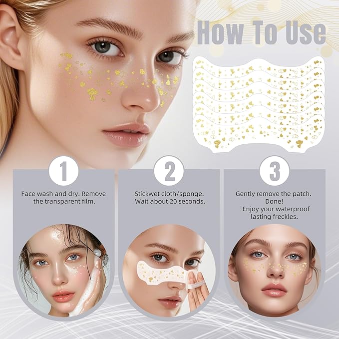 Glitter Freckles - Metallic Silver Glitter Freckles Face Tattoo, 6PCS Makeup Patches, 6 Styles Fake Freckles, Glow Up Party Makeup Accessory Face Jewels for Women, Waterproof Face Glitter for Kids