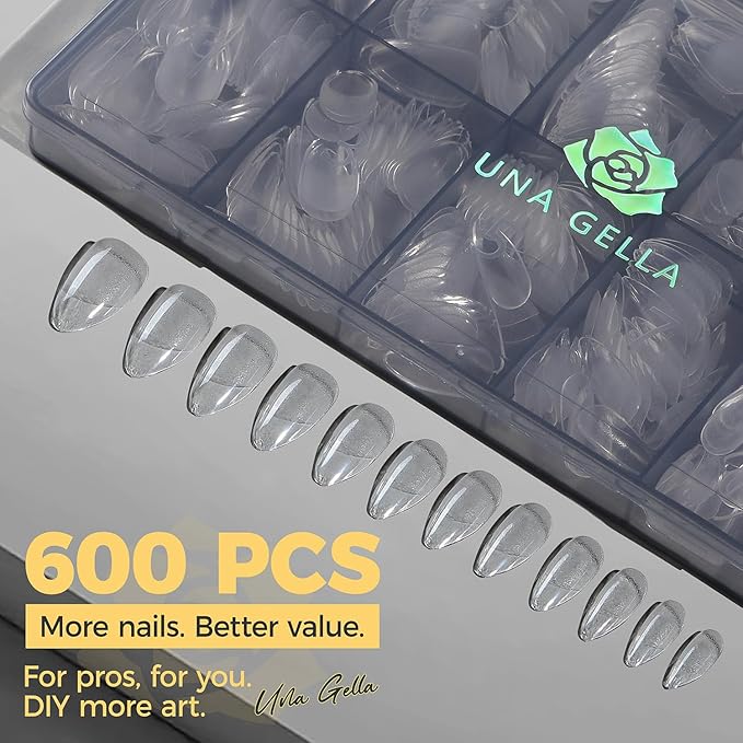 UNA GELLA Almond Gel Nail Tips 600 Pcs Pre Etched Medium Almond Shaped Nails Full Cover Press On Nails 12 Sizes Clear Fake Soft Gel Tips for Flat & Curved Nail Bed Extension Home DIY Salon