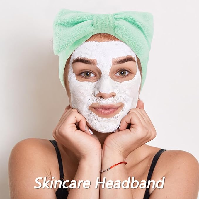 VELSCRUN Spa Headband, Makeup Face Wash Skincare Headbands, 6 Pcs Bright Green Sponge Bow Tie Get Ready HairBand Facial Wristband Set, Stuff for Teen Girls Women Trendy Fashion Hair Accessories