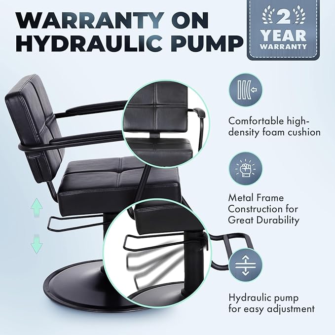 Buy-Rite Atlas Professional Salon Styling Chair - Extra-Wide Seat, Black Metal Frame, Premium Black Vinyl with Detailed Stitching, Open Back Design, Hydraulic Base, NIN-5516