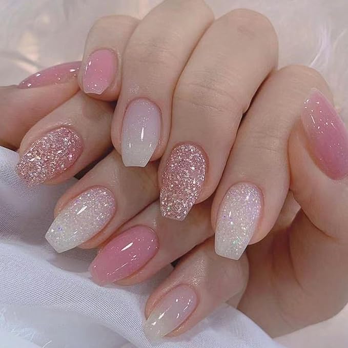 Spring Press on Nails Short Coffin Fake Nails with Glitter Designs White Pink Ombre Nails Press ons Glossy Glue on Nails Cute Acrylic Nails Artificial False Nails Stick on Nails for Women 24Pcs