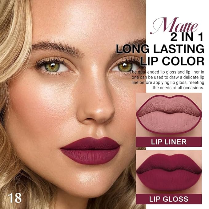 evpct 1Pcs Dark Plum Purple Matte Lip Liner and Liquid Lipstick Stain Makeup Set for women, Plum Red Long Lasting Smudge Proof Lipstick labiales matte mate larga duracion listip 24 hours originales,18