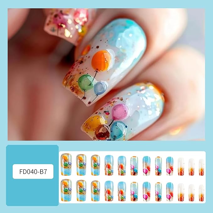 Colorful Ballon Press on Nails Medium Length Gradient French Stick on Nail Press Ons with Design Full Cover Artificial False Nail Glossy Reusable Acrylic Manicure Glue on Nails for Women