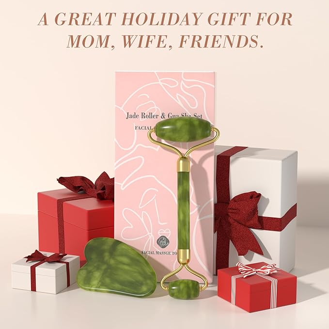 Jade Roller Gua Sha Set - Facial Skin Care Set, Facial Beauty Tools, Natural Beauty Skin Care Tools, Face Roller Massager for Face, Neck, and Eye Treatment,Gua Sha Facial Massager (Green)