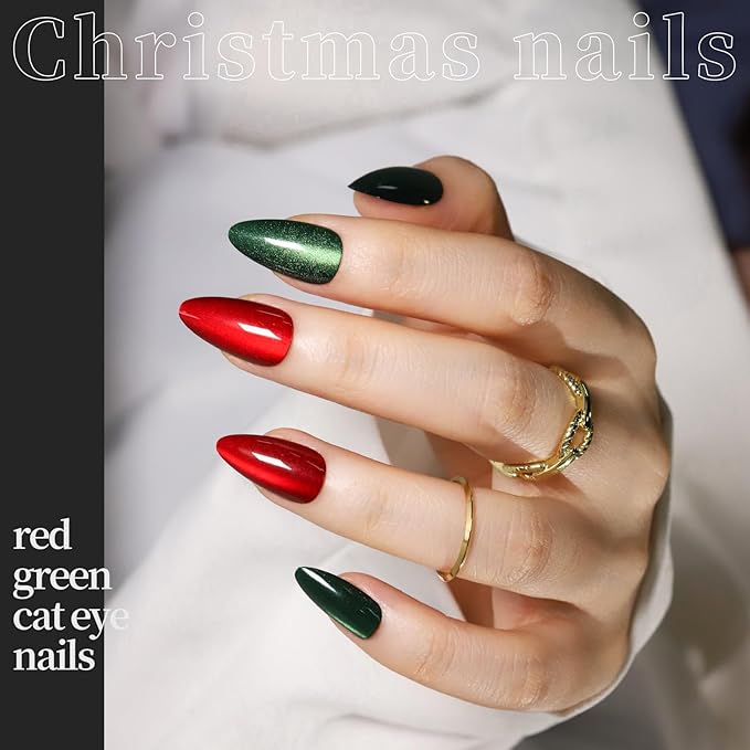 FANDAMEI Press on Nails Almond, 24 Colors 576PCS Short Press on Nails, Cat Eye Nails Short Almond, Glossy Glitter Nails Press On French Tip, Natural Fit Lightweight Fake Nails for Christmas Nail Art