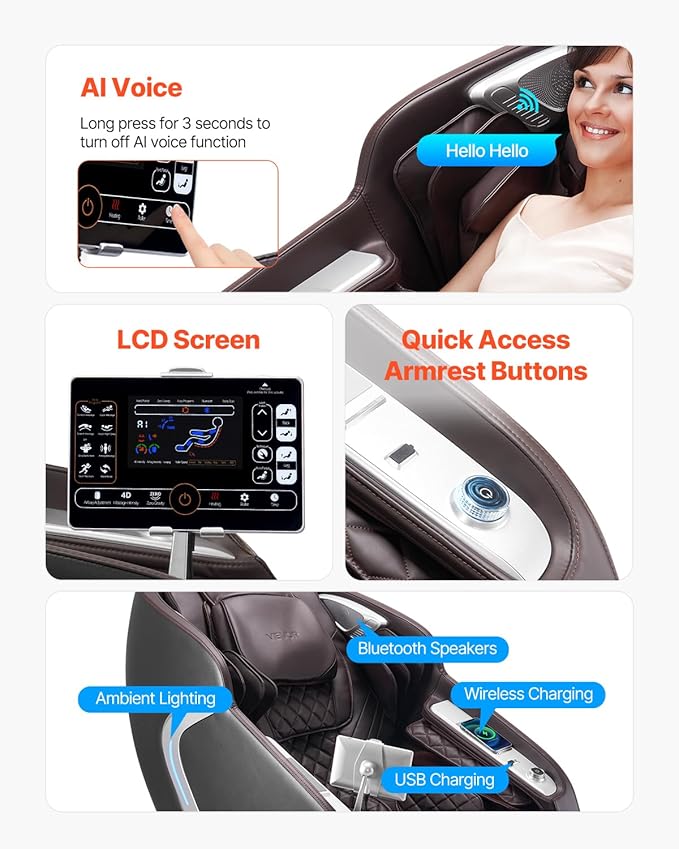 VEVOR Massage Chair, 4D Full Body Zero Gravity Recliner with SL Track, Yoga Stretch, AI Voice Control, Heat, Foot Roller, Retractable Pedal, 36 Airbags, LCD, Armrest Controls, Rolling Base