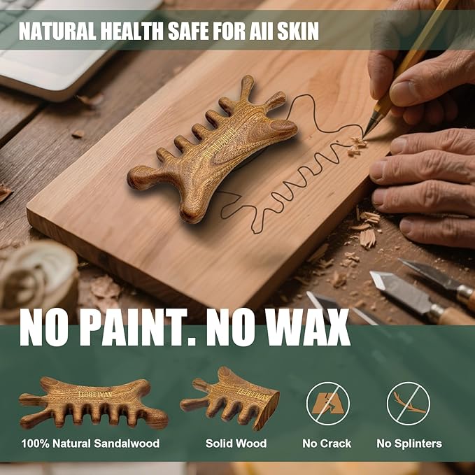 6-in-1 Gua Sha Tool for Face & Body, Natural Sandalwood – Lymphatic Drainage, Jaw Lifting & Nose Sculpting, Head Scalp Massage Comb for Stress Relief, Home Office Self Care Gifts for Women