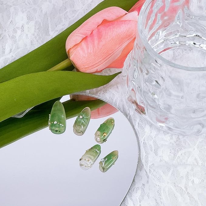 30Pcs Green Press on Nails Medium Almond Fake Nails with 3D Pearl Gold Beads Designs Stick on Nails 3D Flower Butterfly False Nails Spring Summer Acrylic Nails Silver Star Glue on Nails for Women