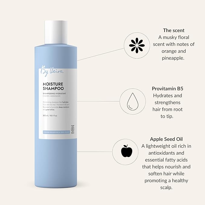 Moisture Shampoo 10.1 Fl Oz, For Frizzy/Dry Hair, Provitamin B5 & Rapeseed oil for Moisturising & Great Shine, Colour preserving, 100% vegan & Sulphate/Silicone free