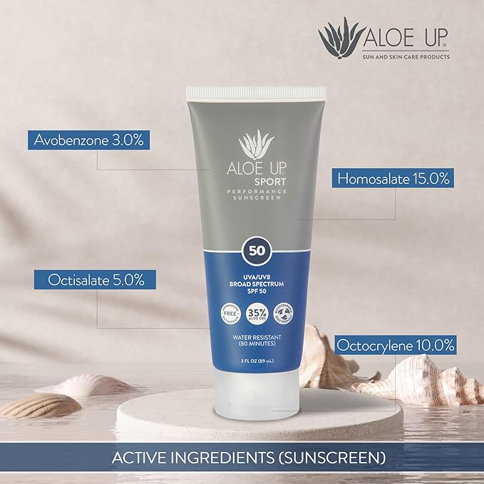 Aloe Up Sport Sunscreen Lotion SPF 50 - Broad Spectrum UVA/UVB Sunscreen Protector for Face and Body - With Hydrating Aloe Vera Gel - Non-Greasy - No White Cast - Reef Safe - Fragrance-Free - 3 Oz