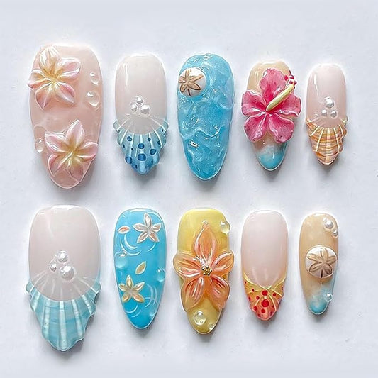 24 Summer Starfish Press on Nails Medium Almond French Tip Fake Nails 3d Flower Sea Shell Design with Rhinestones Pearl Full Cover Acrylic Colorful Flower False Stick on Nail for Women Manicure Salon