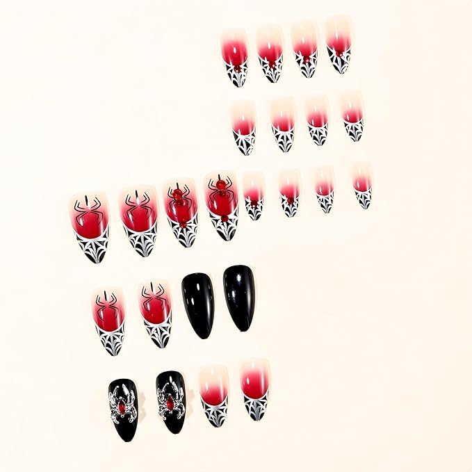 24 Pcs Goth Almond Press on Nails Halloween Fake Nails Black Red Gradient False Nails with Red Diamond Spider Web 3D Spider Design Handmade Nails Ombre Gothic Acrylic Nail Glue on Nail for Women
